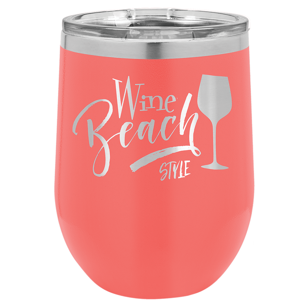 Coral powder-coated 12 oz. insulated stemless wine tumbler with a clear lid, shown with a sample engraving