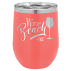 Coral powder-coated 12 oz. insulated stemless wine tumbler with a clear lid, shown with a sample engraving