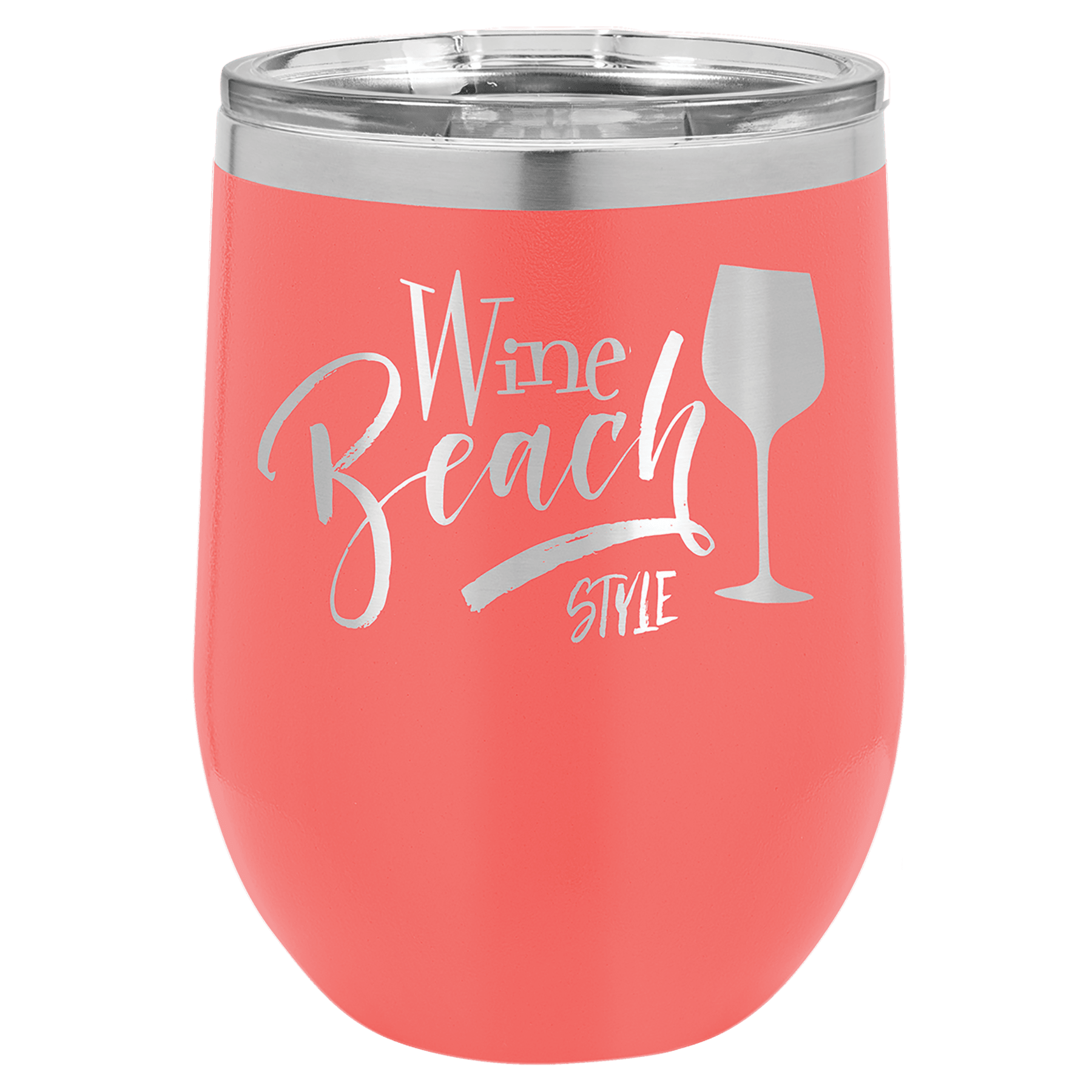 Coral powder-coated 12 oz. insulated stemless wine tumbler with a clear lid, shown with a sample engraving