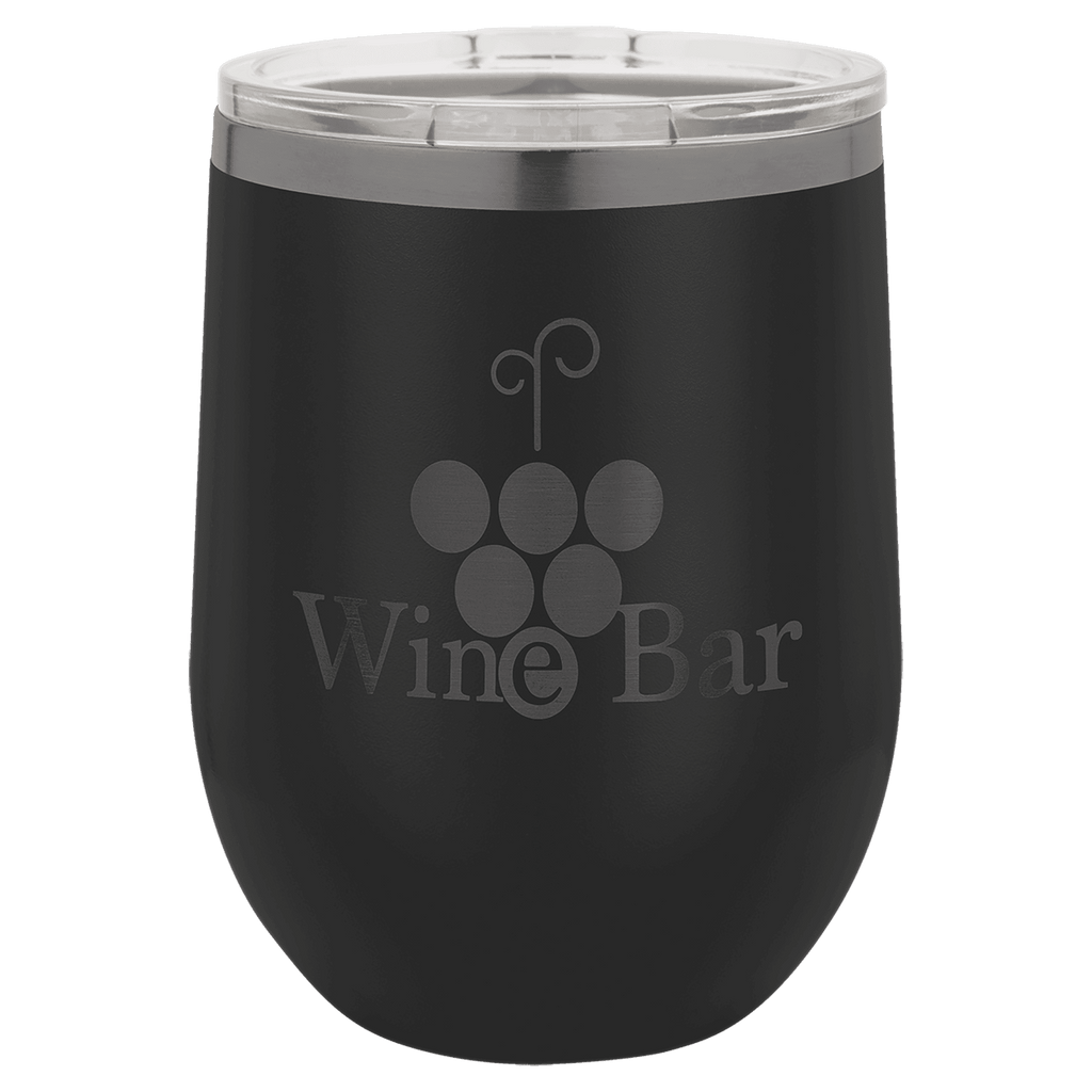 Black 12 oz. stemless wine tumbler with a ghost black plated rim and clear lid