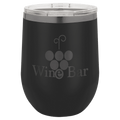 Black 12 oz. stemless wine tumbler with a ghost black plated rim and clear lid