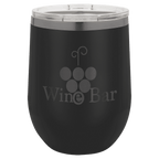 Black 12 oz. stemless wine tumbler with a ghost black plated rim and clear lid