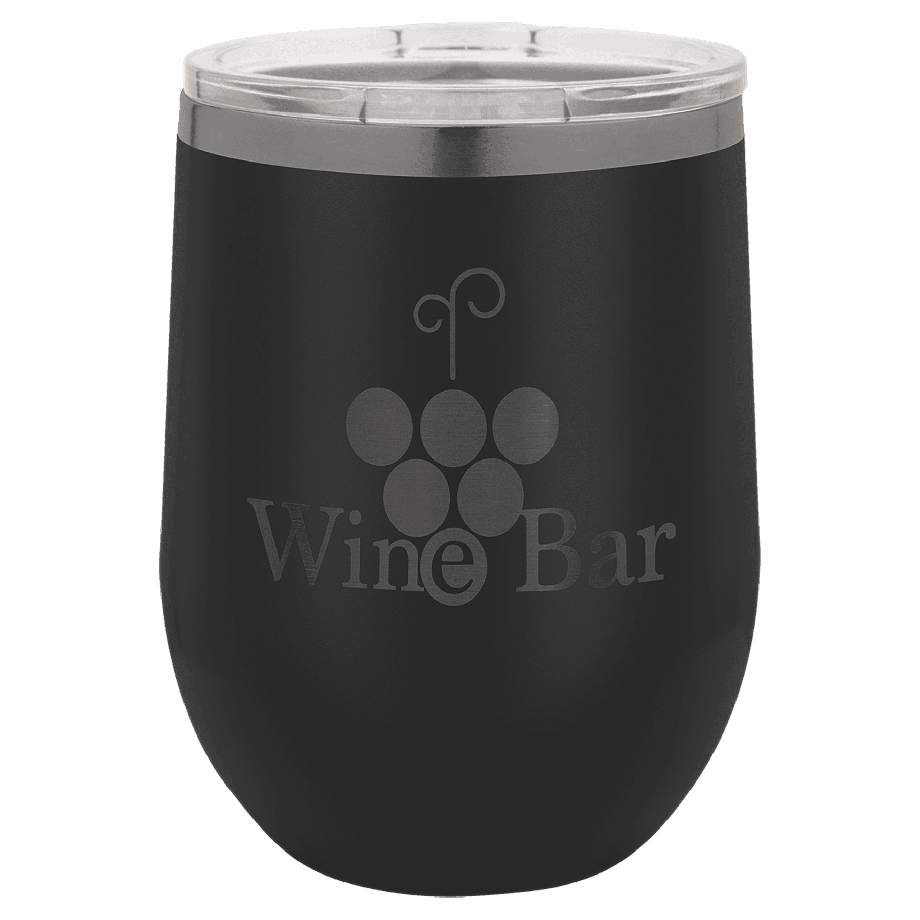 Black 12 oz. stemless wine tumbler with a ghost black plated rim and clear lid