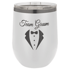 White 12 oz. stemless wine tumbler with a ghost black plated rim and clear lid