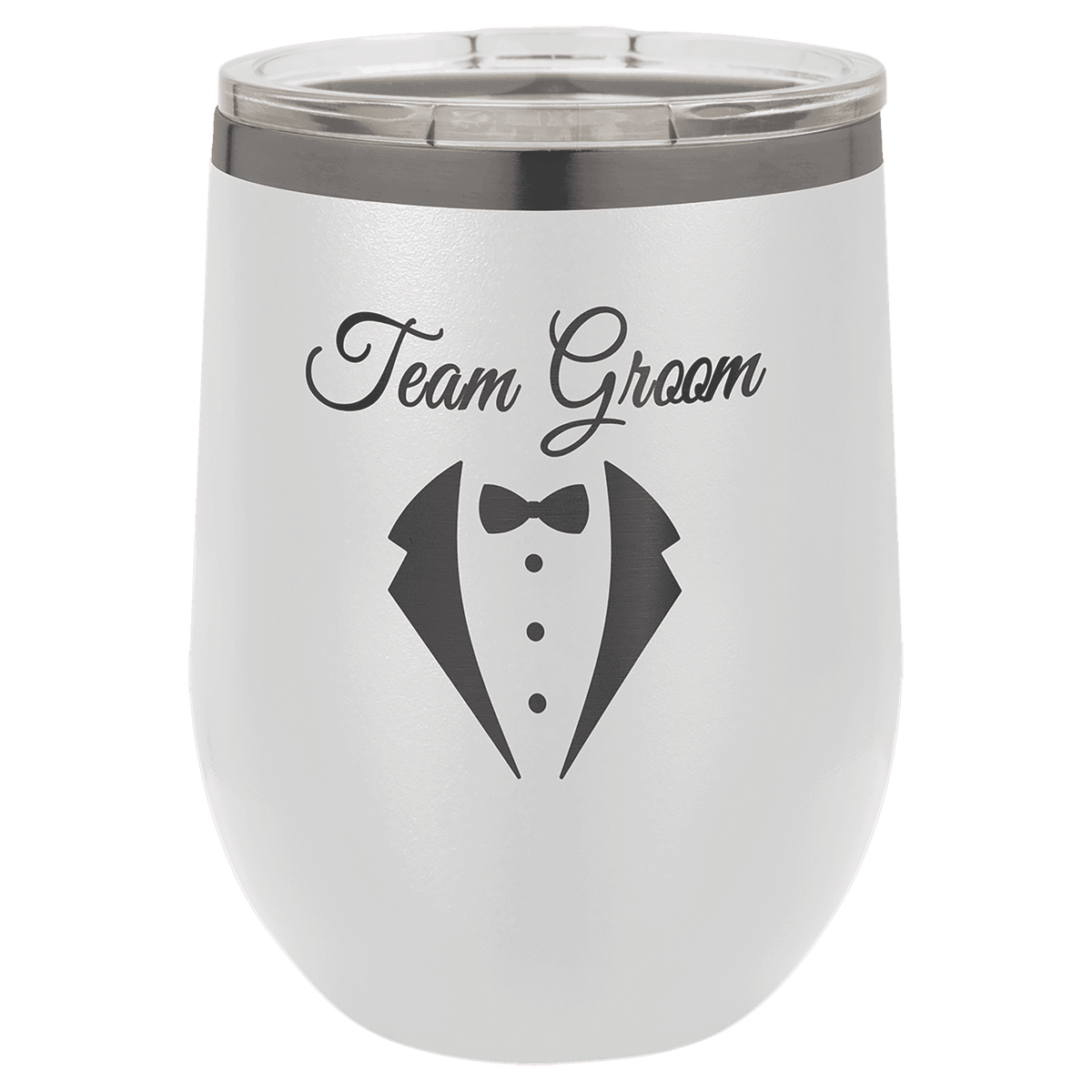 White 12 oz. stemless wine tumbler with a ghost black plated rim and clear lid