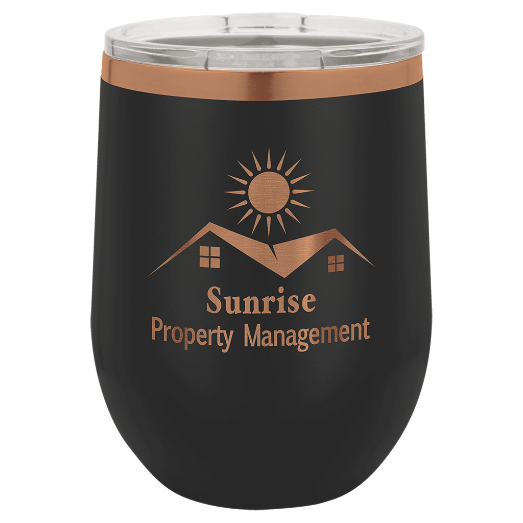 Black 12 oz. stemless wine tumbler with a rose gold plated rim and clear lid