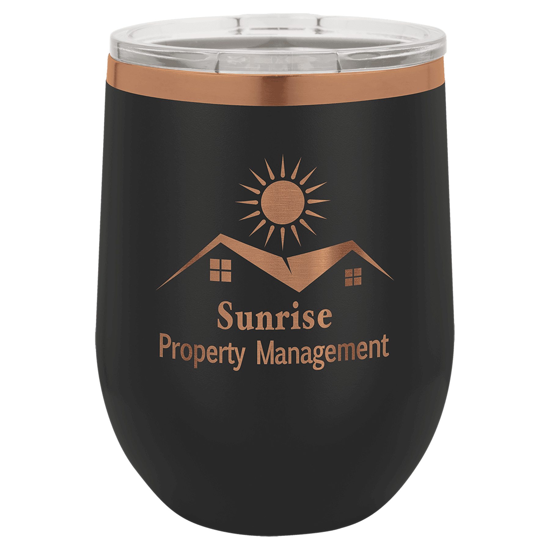 Black 12 oz. stemless wine tumbler with a rose gold plated rim and clear lid