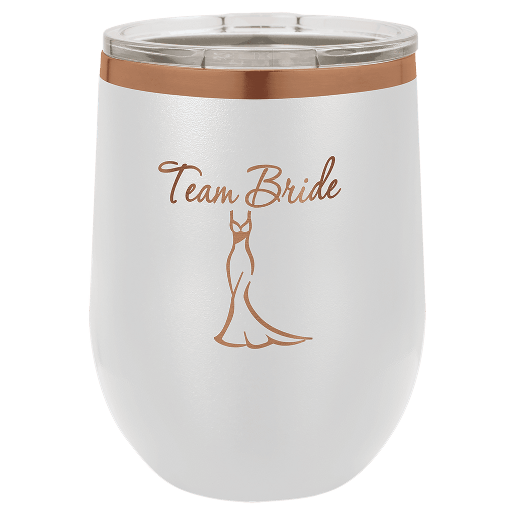 White 12 oz. stemless wine tumbler with a rose gold plated rim and clear lid