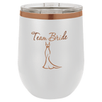 White 12 oz. stemless wine tumbler with a rose gold plated rim and clear lid