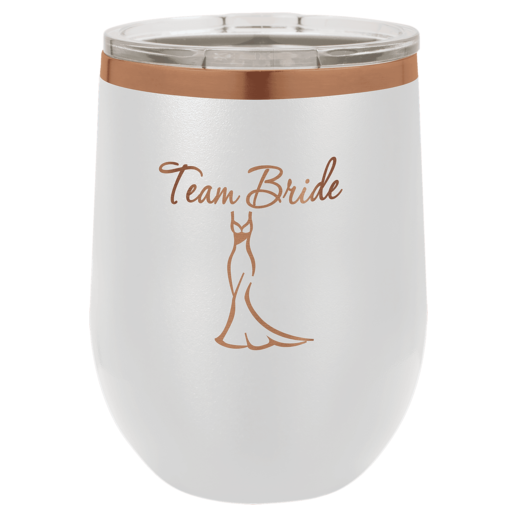 White 12 oz. stemless wine tumbler with a rose gold plated rim and clear lid