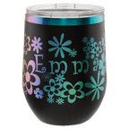 Black 12 oz. stemless wine tumbler with an iridescent prism rim and clear lid