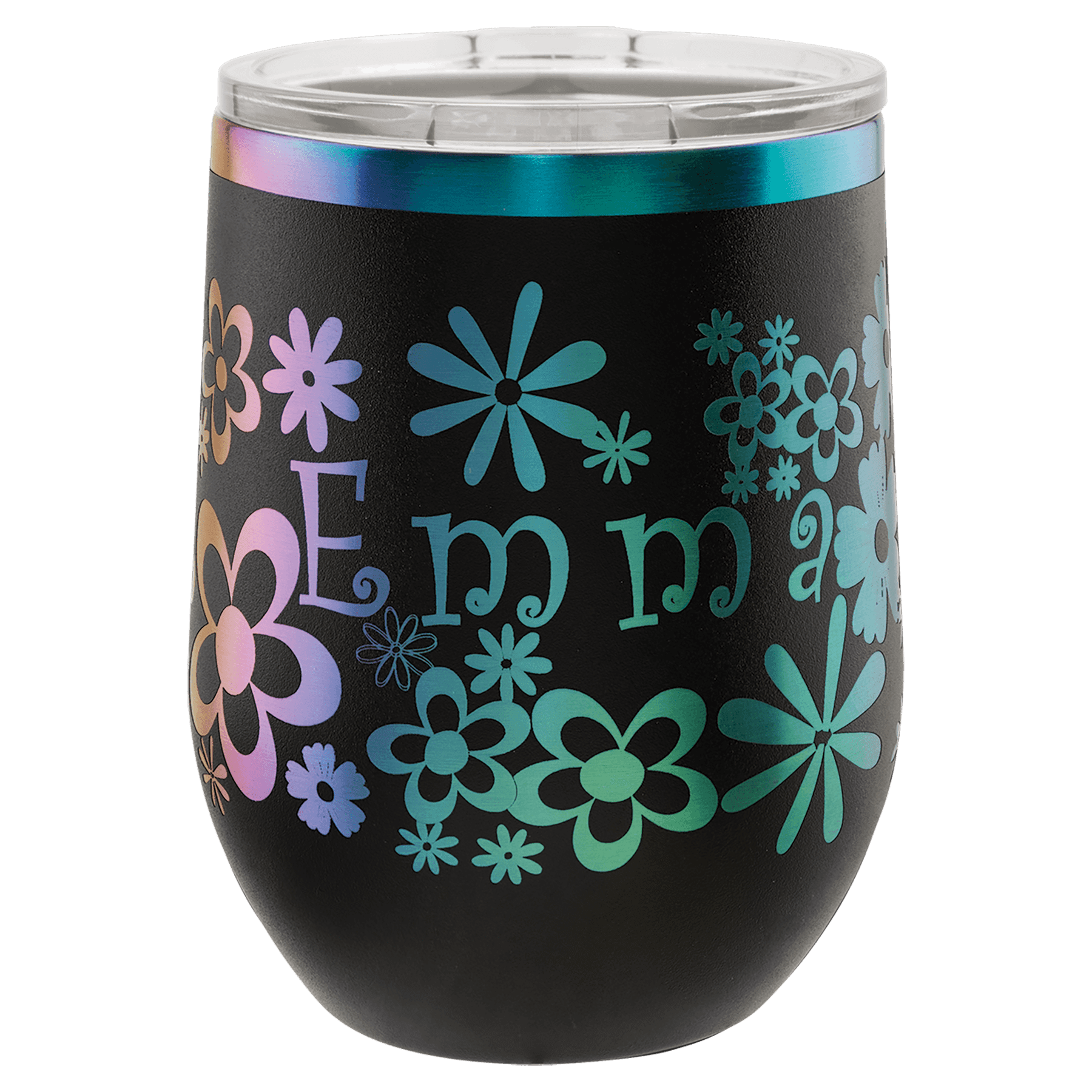 Black 12 oz. stemless wine tumbler with an iridescent prism rim and clear lid