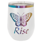 White 12 oz. stemless wine tumbler with an iridescent prism rim and clear lid