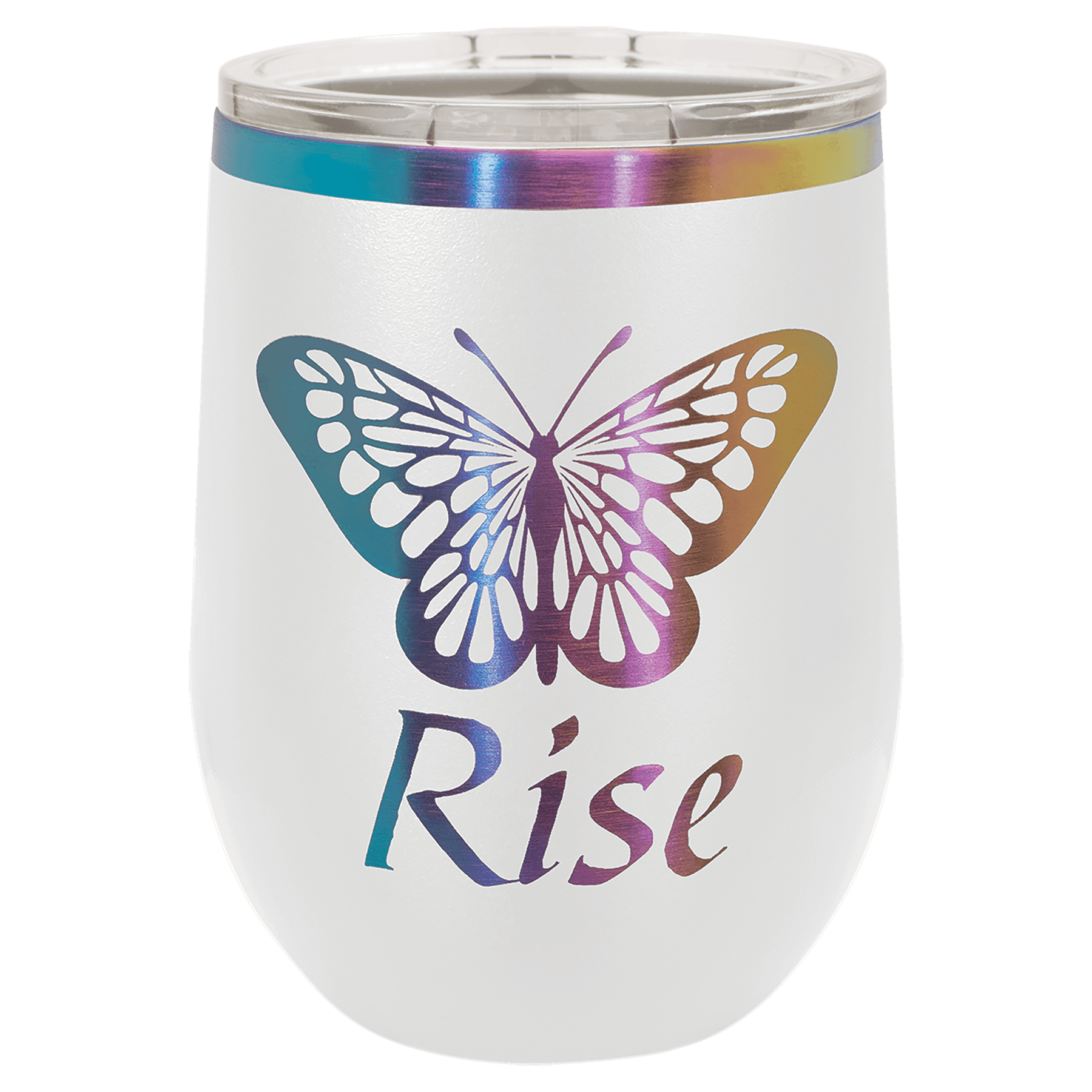 White 12 oz. stemless wine tumbler with an iridescent prism rim and clear lid
