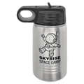 Brushed stainless steel 12 oz. insulated water bottle with a black flip-top lid, shown with a sample engraving