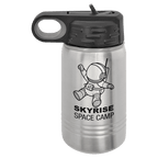 Brushed stainless steel 12 oz. insulated water bottle with a black flip-top lid, shown with a sample engraving