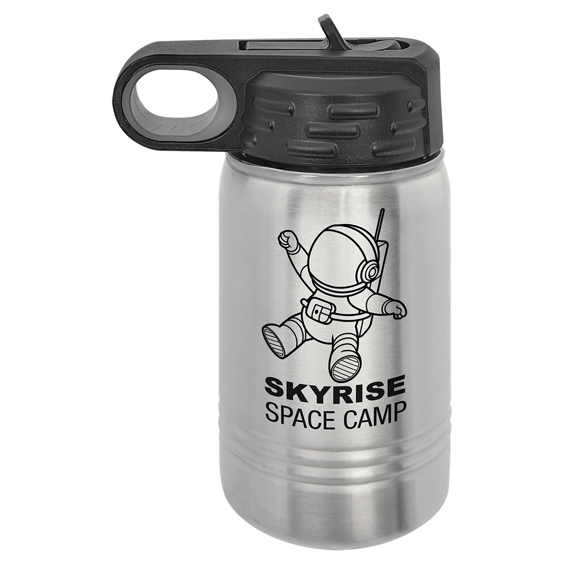 Brushed stainless steel 12 oz. insulated water bottle with a black flip-top lid, shown with a sample engraving