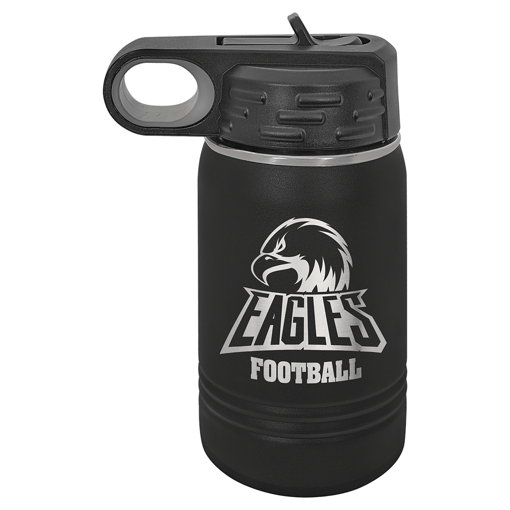 Black powder-coated 12 oz. insulated water bottle with a black flip-top lid, shown with a sample engraving