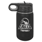 Black powder-coated 12 oz. insulated water bottle with a black flip-top lid, shown with a sample engraving