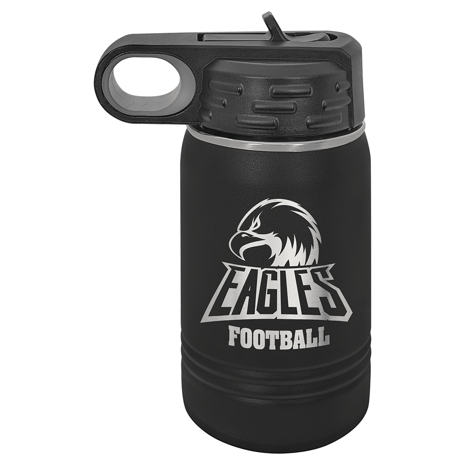 Black powder-coated 12 oz. insulated water bottle with a black flip-top lid, shown with a sample engraving