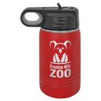 Red powder-coated 12 oz. insulated water bottle with a black flip-top lid, shown with a sample engraving