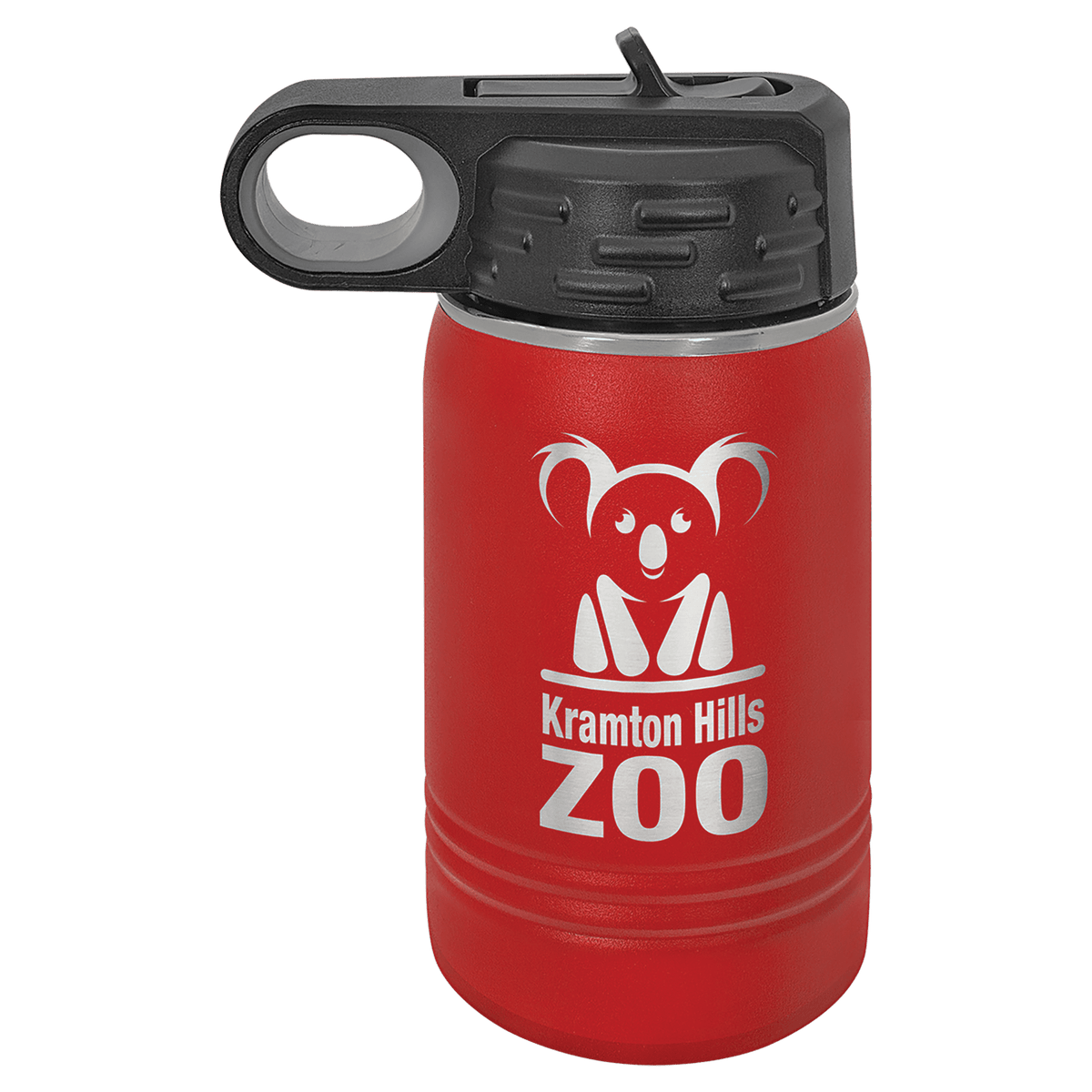 Red powder-coated 12 oz. insulated water bottle with a black flip-top lid, shown with a sample engraving