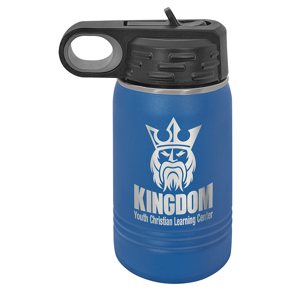 Royal blue powder-coated 12 oz. insulated water bottle with a black flip-top lid, shown with a sample engraving