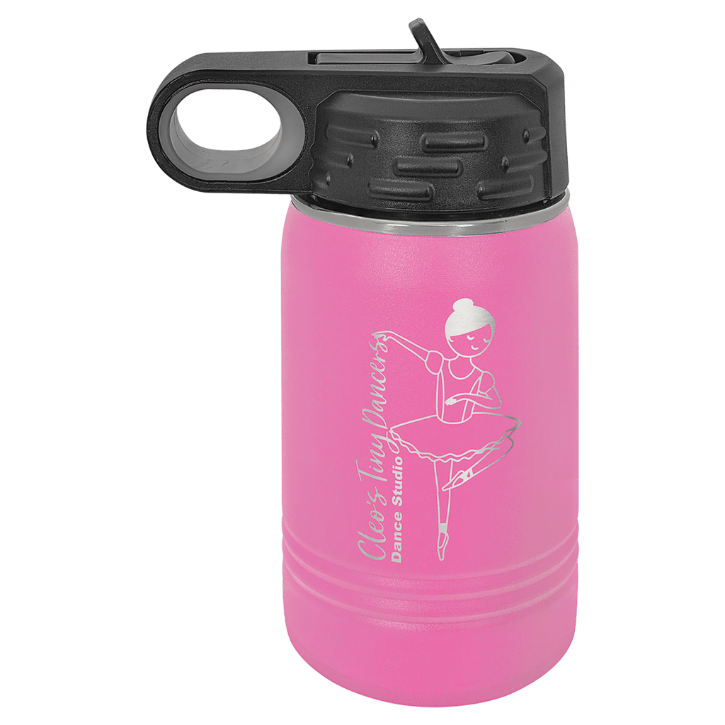Pink powder-coated 12 oz. insulated water bottle with a black flip-top lid, shown with a sample engraving