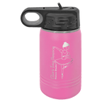 Pink powder-coated 12 oz. insulated water bottle with a black flip-top lid, shown with a sample engraving