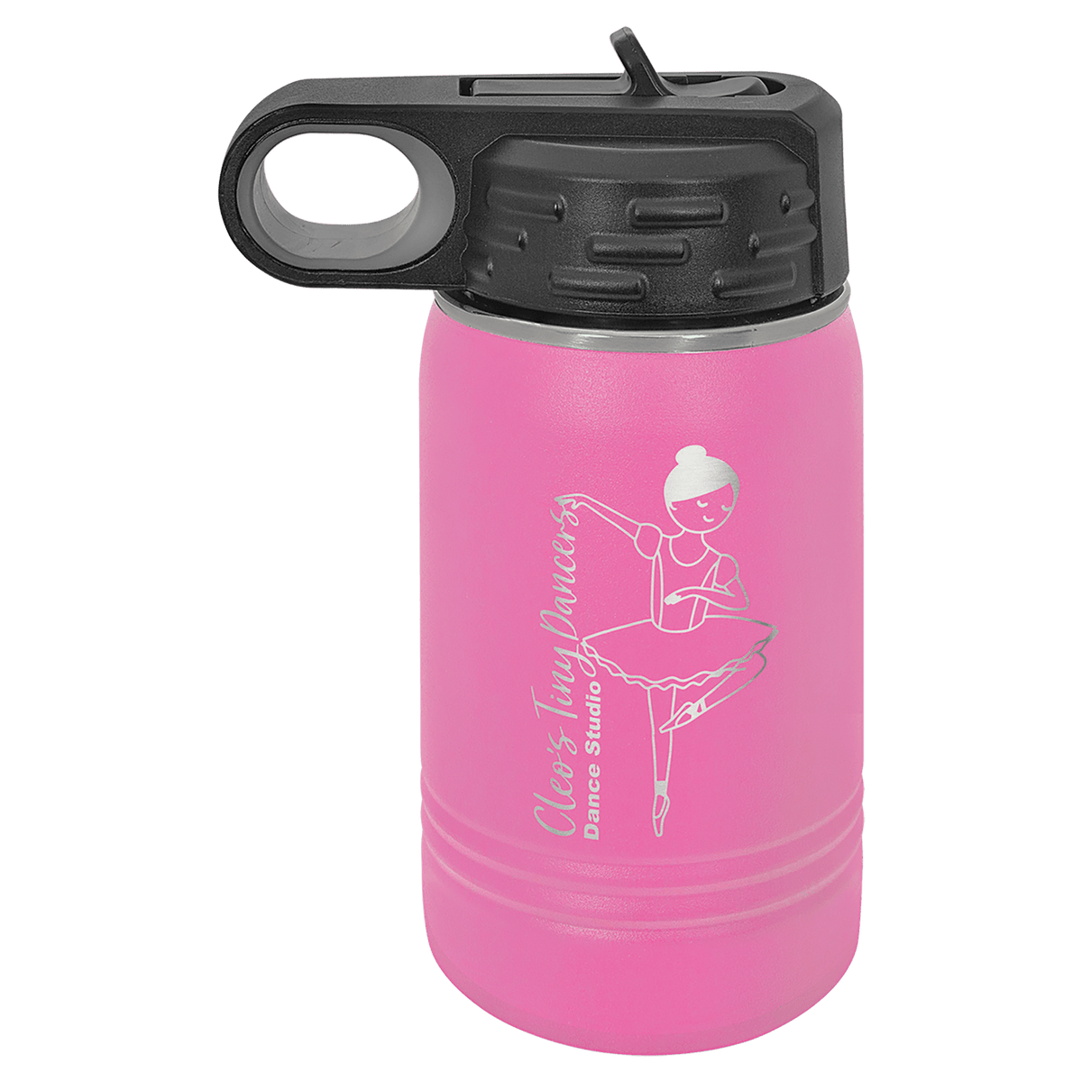 Pink powder-coated 12 oz. insulated water bottle with a black flip-top lid, shown with a sample engraving