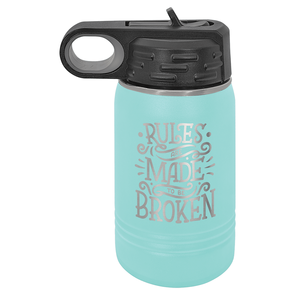 Teal powder-coated 12 oz. insulated water bottle with a black flip-top lid, shown with a sample engraving