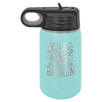 Teal powder-coated 12 oz. insulated water bottle with a black flip-top lid, shown with a sample engraving