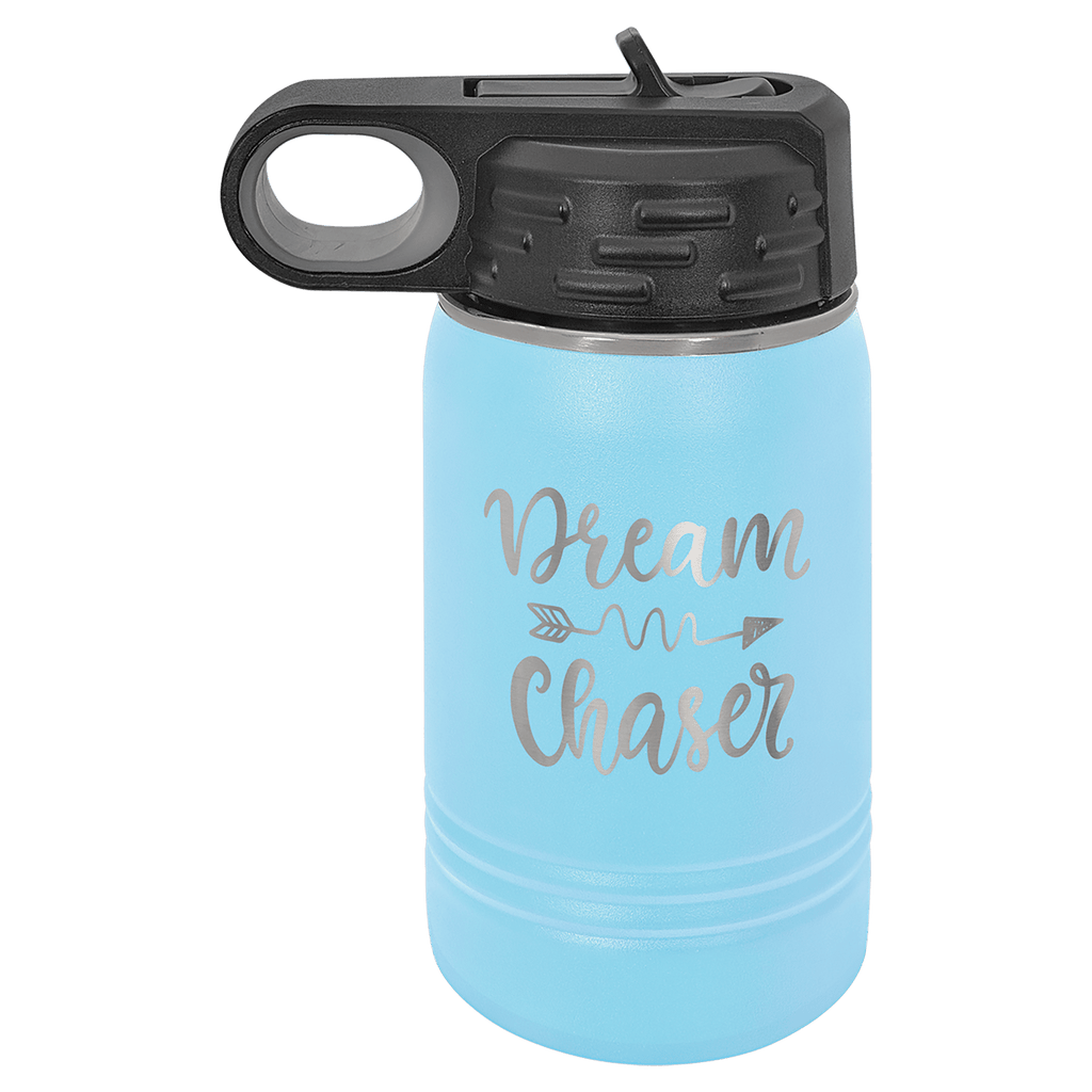 Light blue powder-coated 12 oz. insulated water bottle with a black flip-top lid, shown with a sample engraving