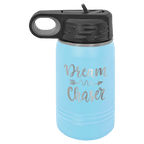 Light blue powder-coated 12 oz. insulated water bottle with a black flip-top lid, shown with a sample engraving