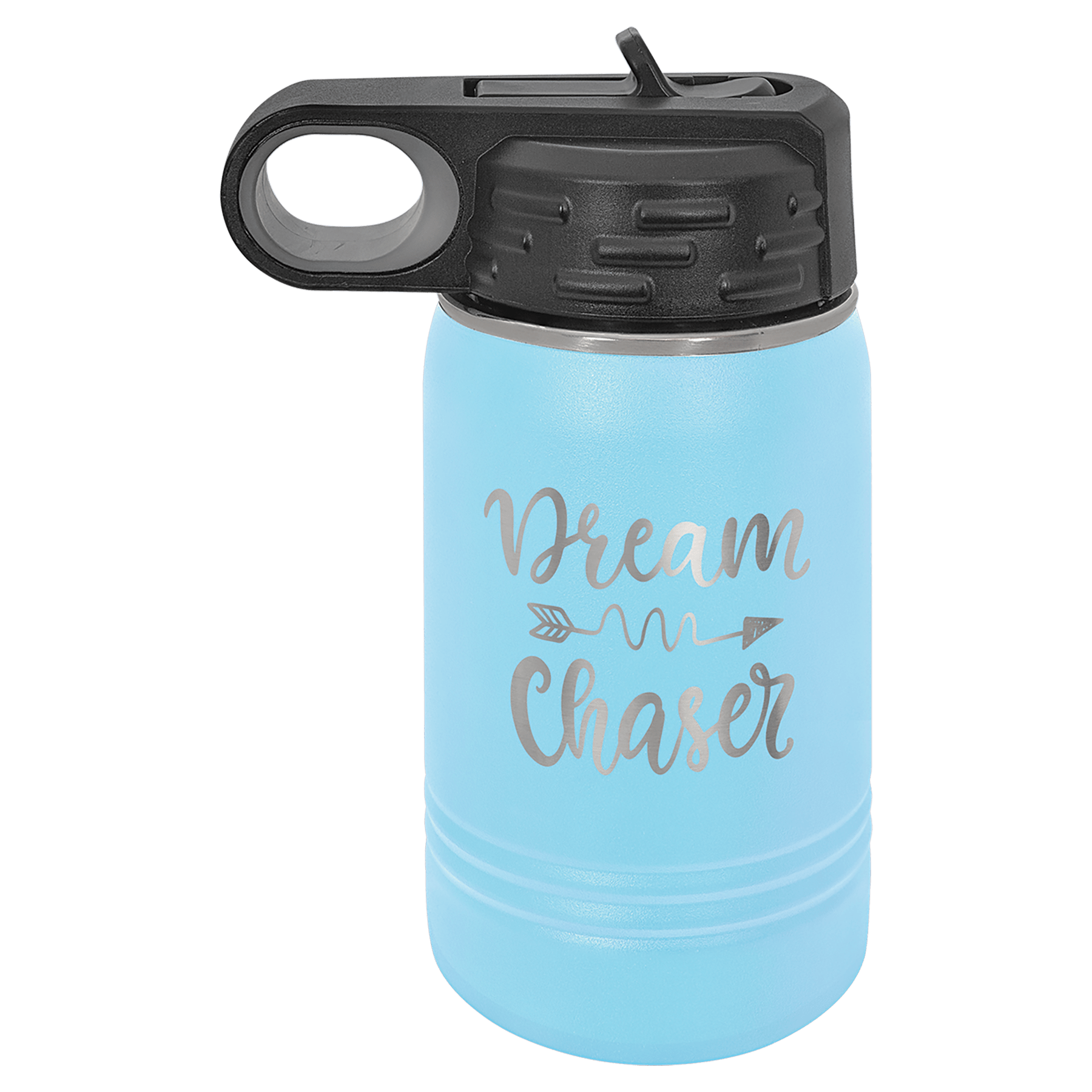 Light blue powder-coated 12 oz. insulated water bottle with a black flip-top lid, shown with a sample engraving