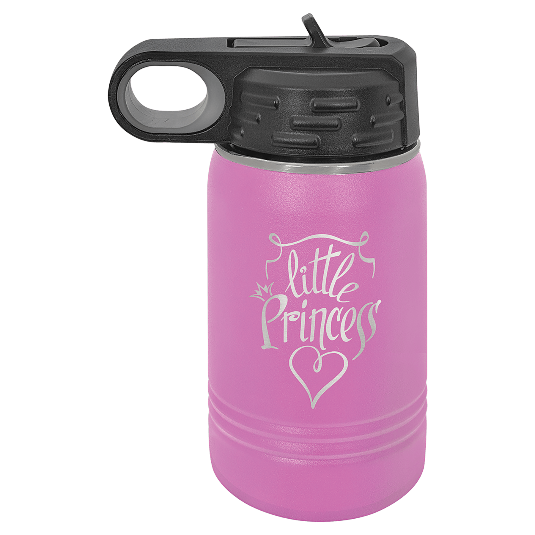 Light purple powder-coated 12 oz. insulated water bottle with a black flip-top lid, shown with a sample engraving