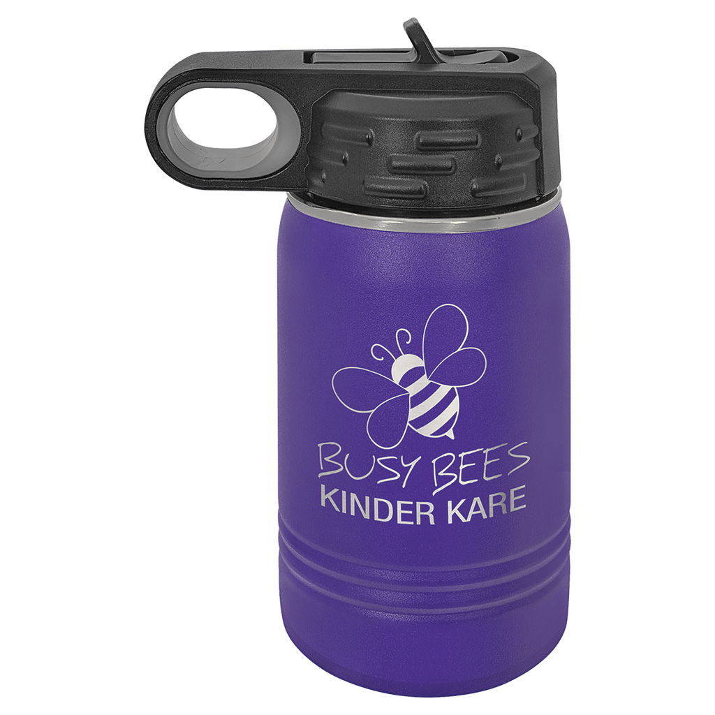 Purple powder-coated 12 oz. insulated water bottle with a black flip-top lid, shown with a sample engraving
