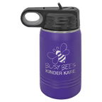 Purple powder-coated 12 oz. insulated water bottle with a black flip-top lid, shown with a sample engraving
