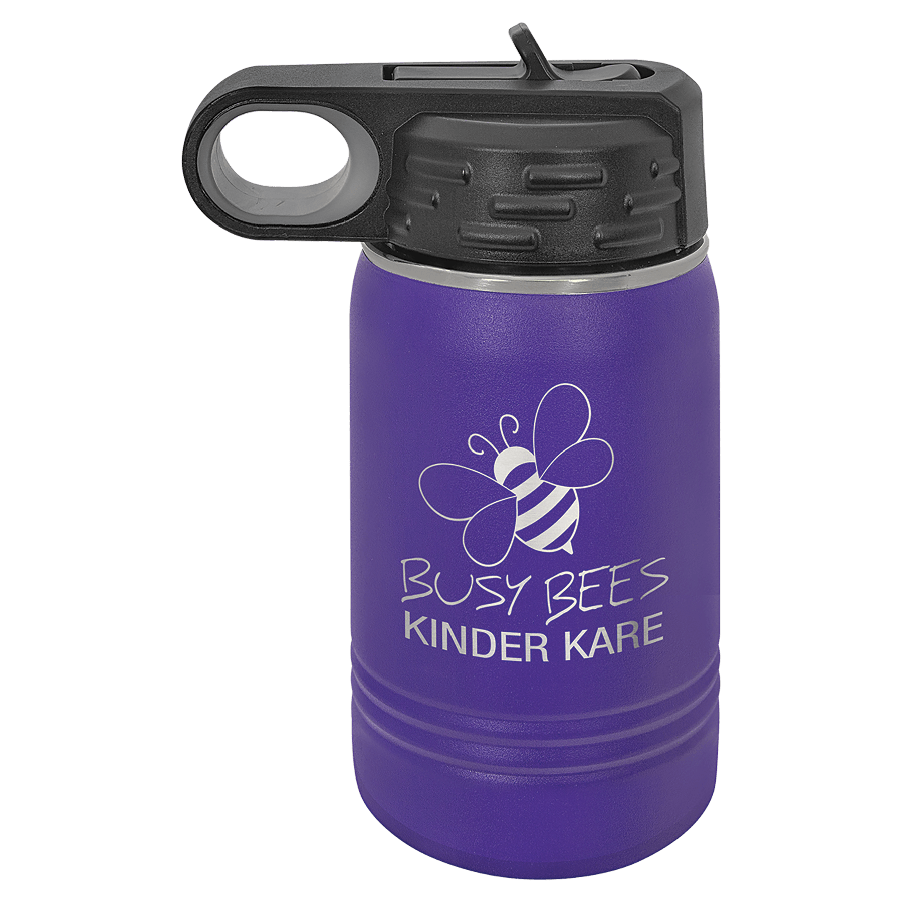Purple powder-coated 12 oz. insulated water bottle with a black flip-top lid, shown with a sample engraving