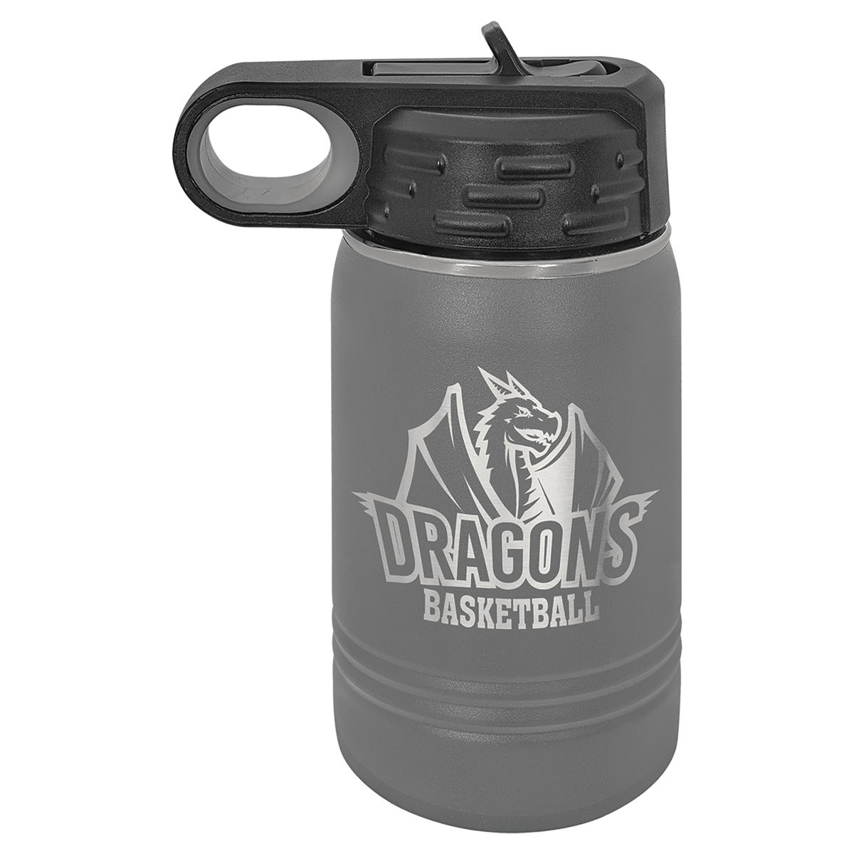 Dark gray powder-coated 12 oz. insulated water bottle with a black flip-top lid, shown with a sample engraving