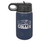 Navy blue powder-coated 12 oz. insulated water bottle with a black flip-top lid, shown with a sample engraving