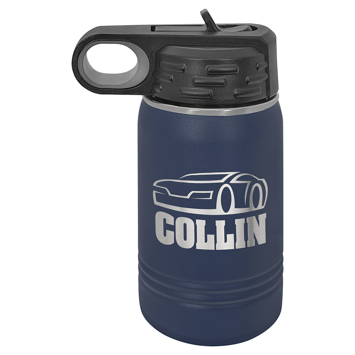 Navy blue powder-coated 12 oz. insulated water bottle with a black flip-top lid, shown with a sample engraving