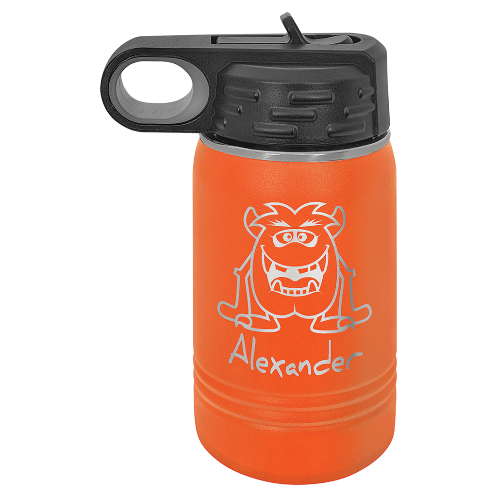 Orange powder-coated 12 oz. insulated water bottle with a black flip-top lid, shown with a sample engraving