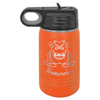 Orange powder-coated 12 oz. insulated water bottle with a black flip-top lid, shown with a sample engraving