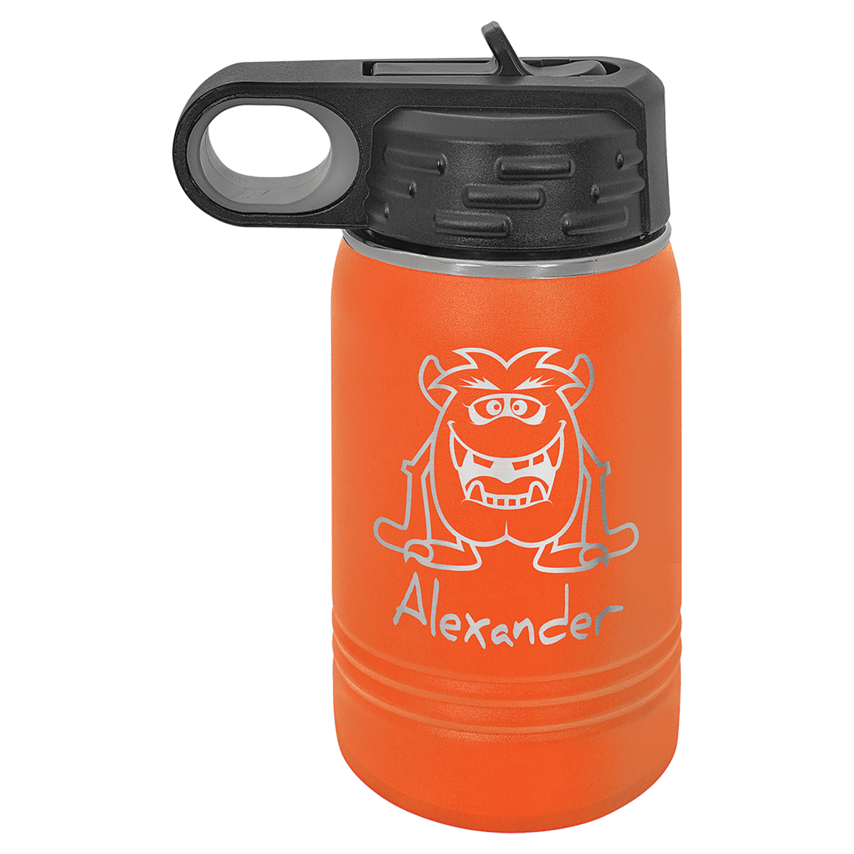 Orange powder-coated 12 oz. insulated water bottle with a black flip-top lid, shown with a sample engraving