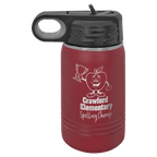 Maroon powder-coated 12 oz. insulated water bottle with a black flip-top lid, shown with a sample engraving