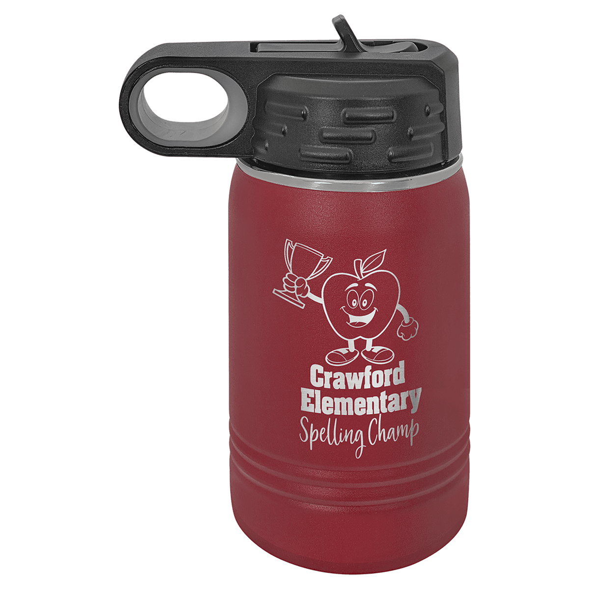 Maroon powder-coated 12 oz. insulated water bottle with a black flip-top lid, shown with a sample engraving