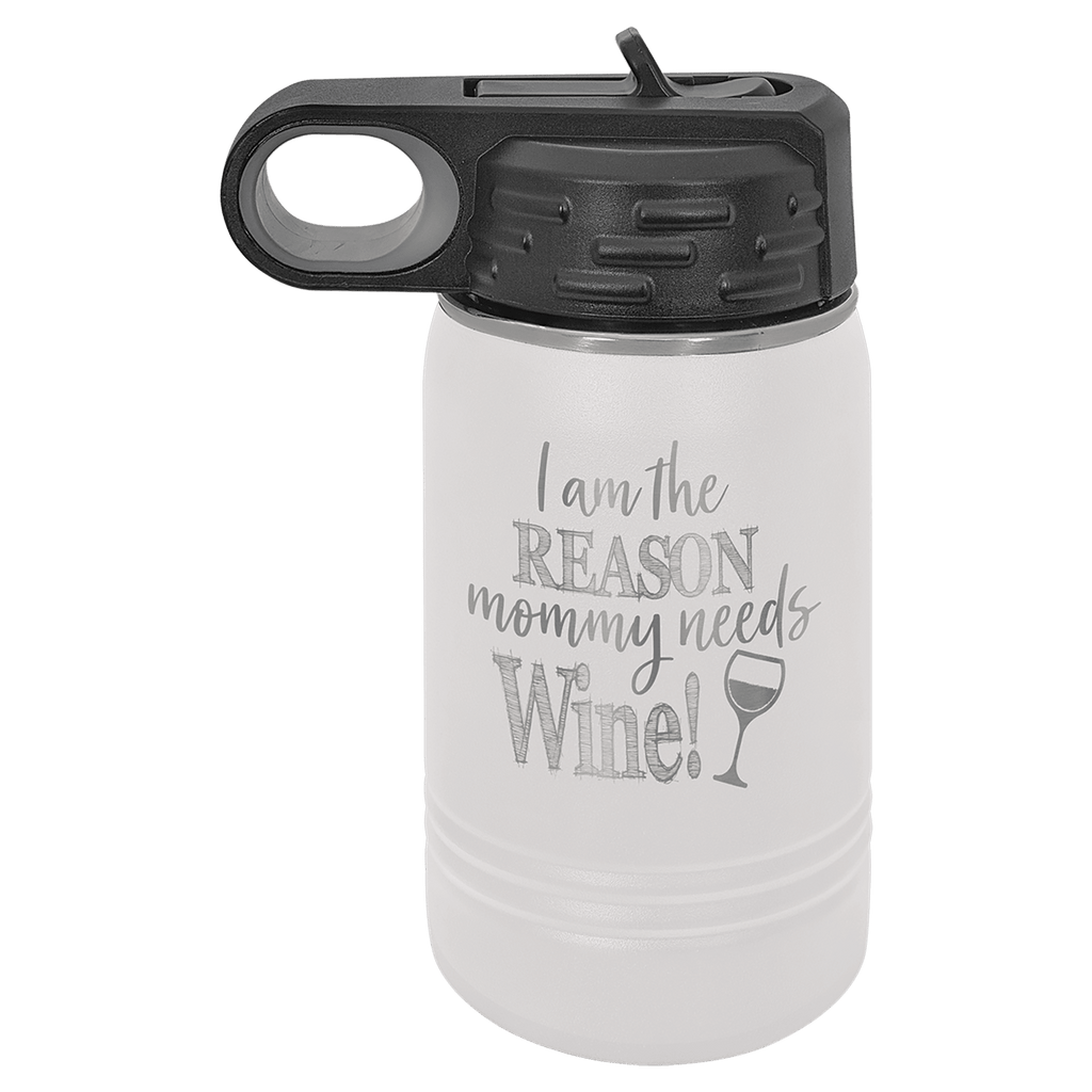 White powder-coated 12 oz. insulated water bottle with a black flip-top lid, shown with a sample engraving