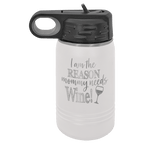 White powder-coated 12 oz. insulated water bottle with a black flip-top lid, shown with a sample engraving