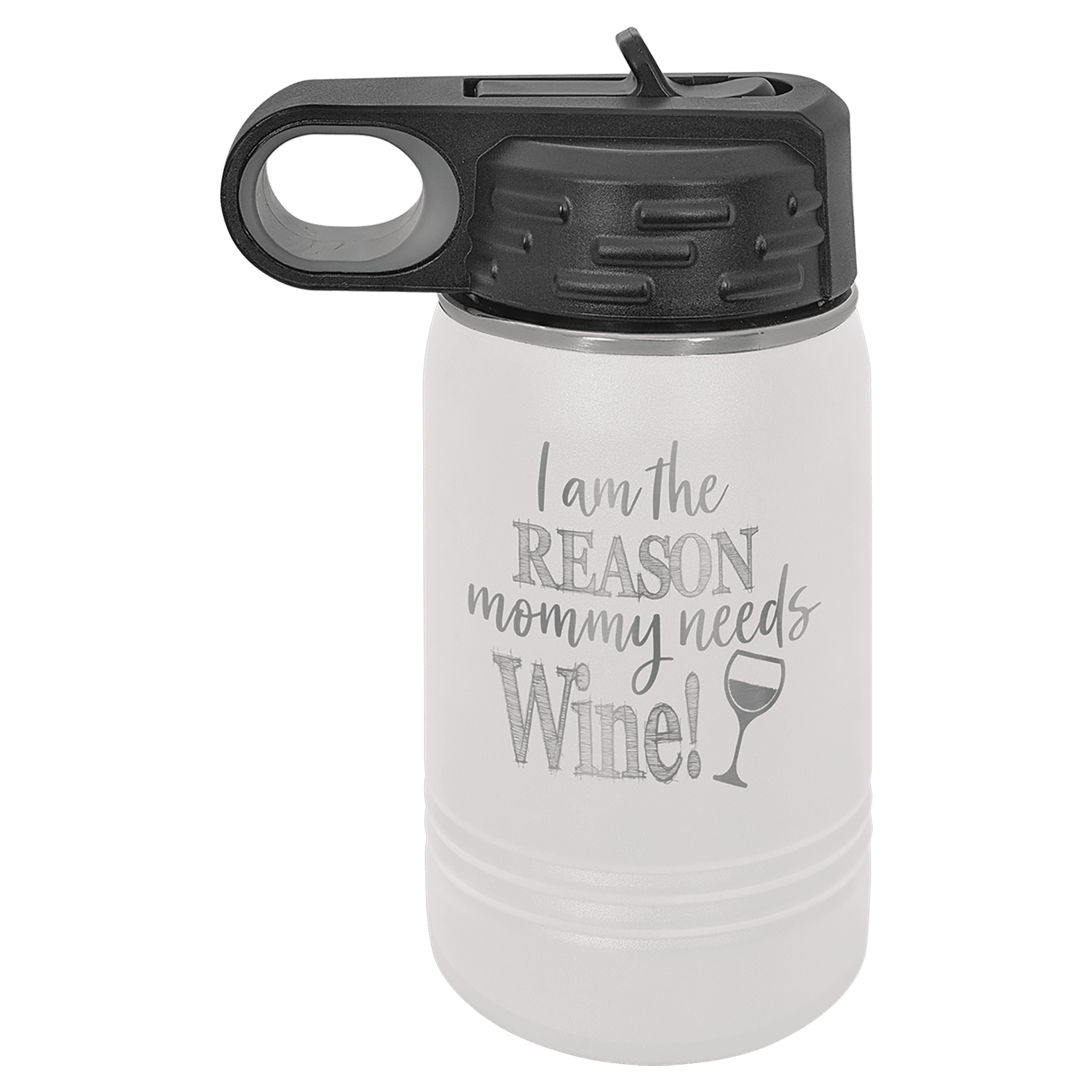 White powder-coated 12 oz. insulated water bottle with a black flip-top lid, shown with a sample engraving